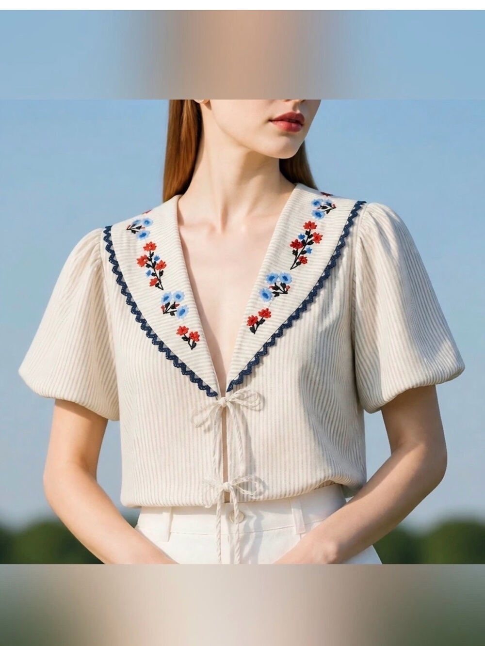 Caroline Constas SET Cream Embroidered V-Neck Tie Blouse with Matching Shorts